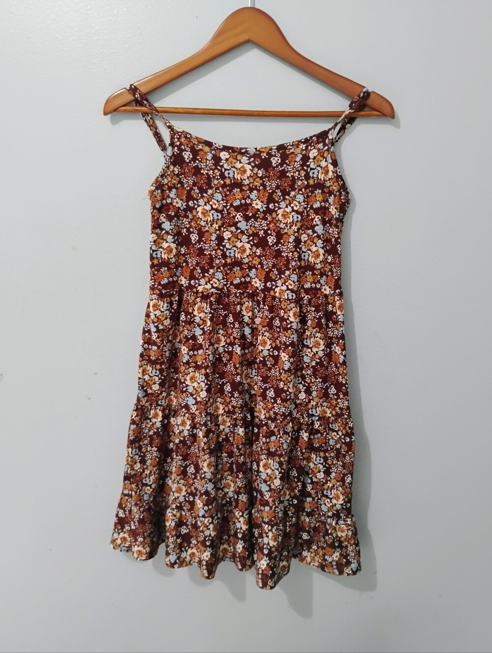 Knitworks Brown Floral Tiered Spaghetti-Strap Mini Dress